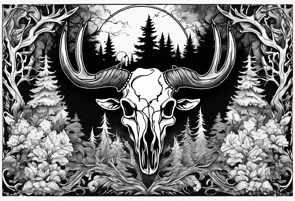 A side view of a frightening horror DECAYING deer skull JUST BONE surrounded by a forest fire in background tattoo idea A side view of a frightening horror DECAYING deer skull JUST BONE surrounded by a forest fire in background tattoo idea