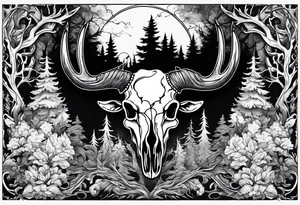 A side view of a frightening horror DECAYING deer skull JUST BONE surrounded by a forest fire in background tattoo idea