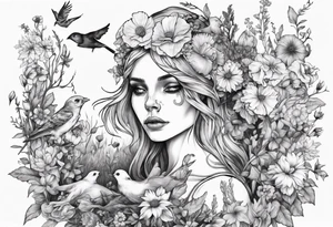 Elf carrying her dead bird in a flower medow tattoo idea