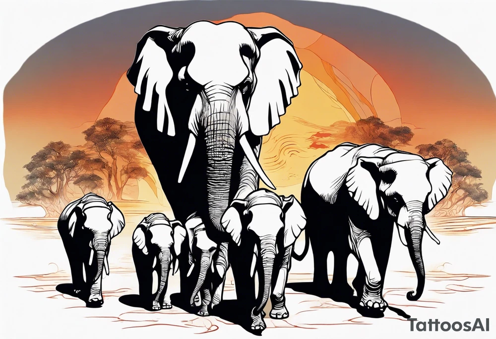 family of 6 elephants walking into sunset after one of them has died tattoo idea
