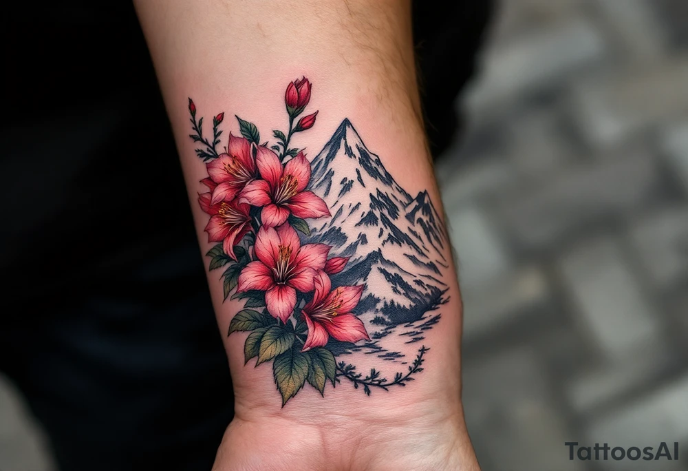 vertical wrist size red  and black rhododendron trippy with Himalayas behind tattoo idea