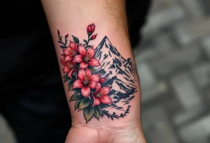 vertical wrist size red  and black rhododendron trippy with Himalayas behind tattoo idea