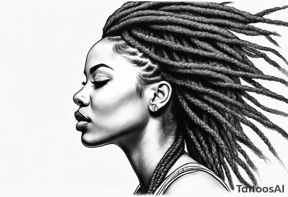 Draw a women head with real dread locks flying in the air, tattoo idea