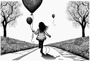 My daughter and I are walking with our backs turned, hopping. My daughter is holding a balloon, and she is 6 years old. I would also like her birthdate, January 12, 2019, to be written tattoo idea