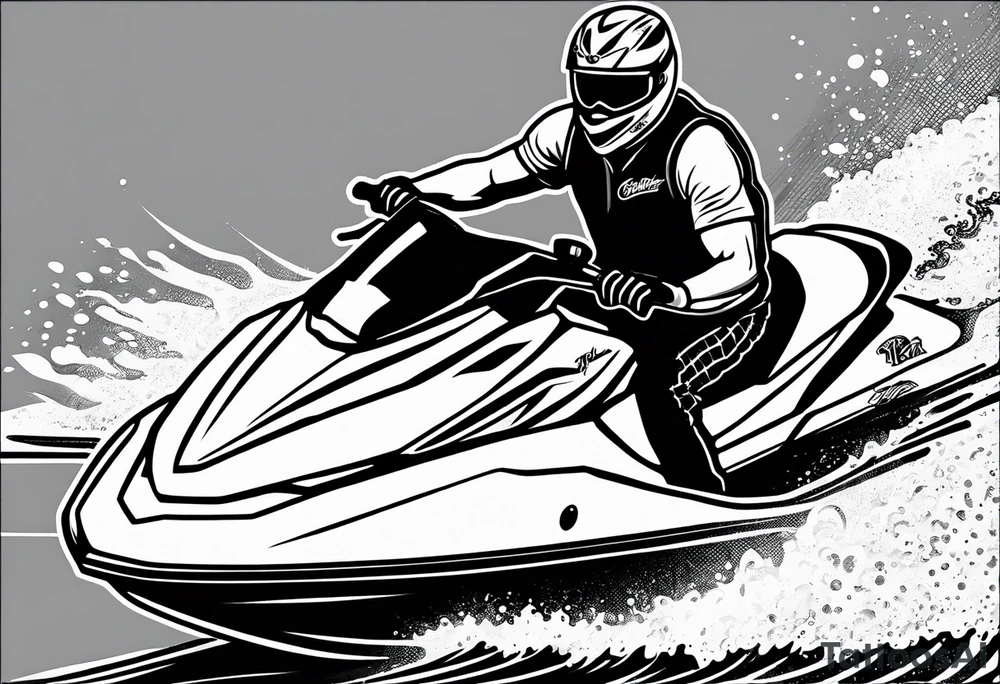 jay is a big irish man with three arms riding a jet ski tattoo idea