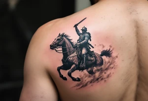 Cavalry Charge – A mounted soldier in faded blue and gray uniform, riding a dark brown horse, with swords raised and dust flying in the background. tattoo idea