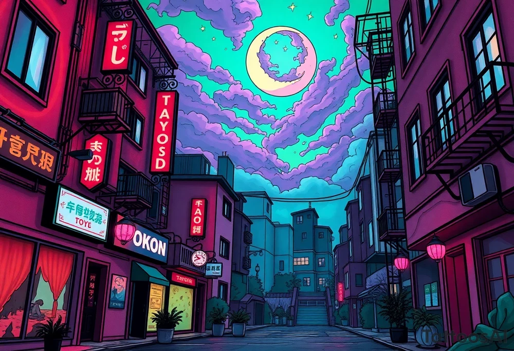 Tim Burton’s haunted pastel Tokyo apartment from the street view is littered in neon signs and dripping with muted reds, dusty pinks, and eerie green glow.purple and cyan smokey clouds swirl in the crescent moonlit sky thats sprinkled with stars tattoo idea tattoo idea