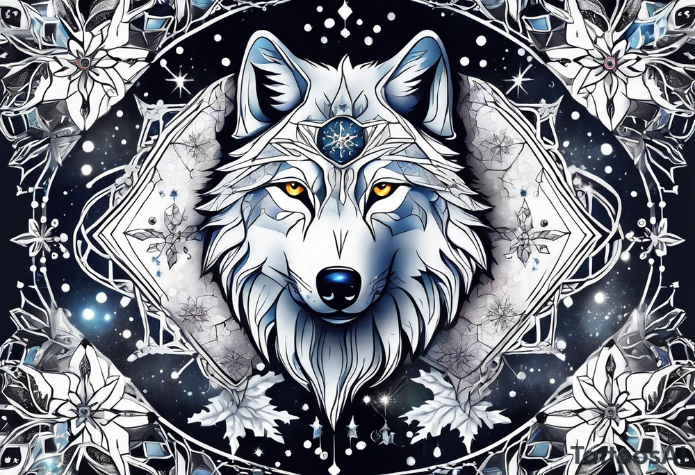 Constellation, two animal wolf, snowflake tattoo idea