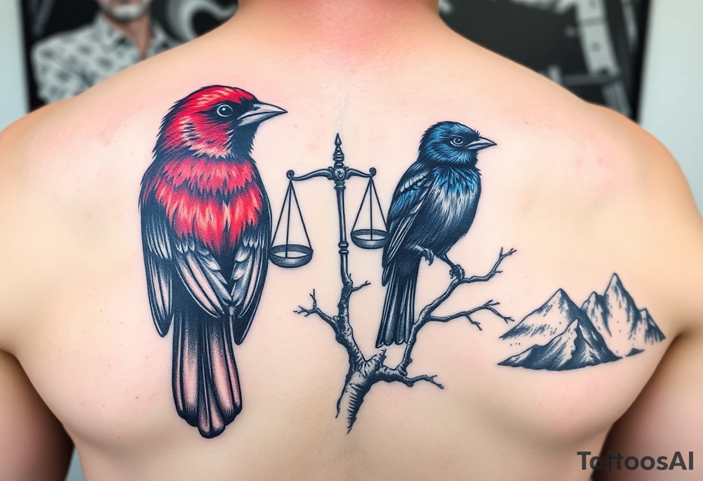 2 birds as the focus, 1 red bird in a suit, 1 navy blue bird with glasses, scales of justice in a tree, starry night painting and mountain background tattoo idea