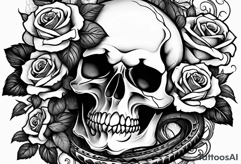 A skull with a snake wrapped around it and roses bordering all of it tattoo idea