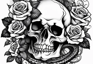 A skull with a snake wrapped around it and roses bordering all of it tattoo idea