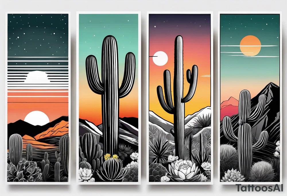 Forearm vertical, cactus, sunset, mountain tattoo idea