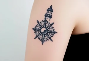 antique compass rose overlaid on light house. Add moon tattoo idea