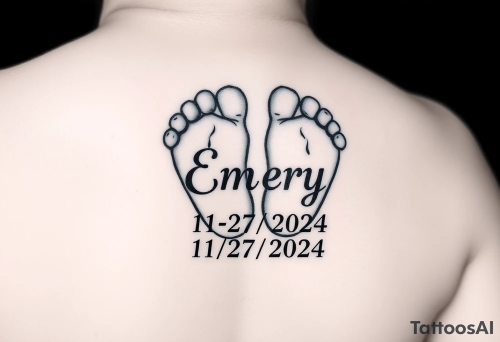 Baby feet with the name Emery and his date of birth in Roman numbers 11/27/2024 and his weight 5 pounds 12 ounces tattoo idea