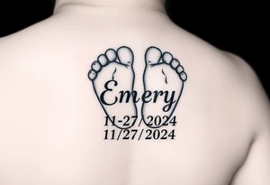 Baby feet with the name Emery and his date of birth in Roman numbers 11/27/2024 and his weight 5 pounds 12 ounces tattoo idea