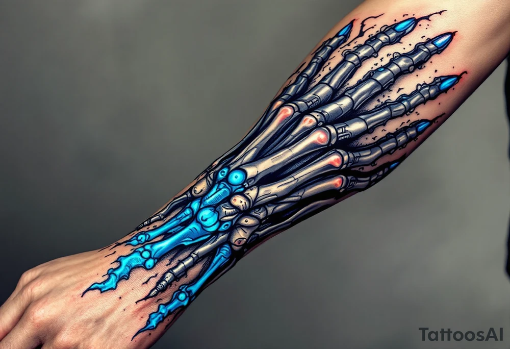 A hybrid forearm revealing graphite-colored artificial tendons under realistic shaded skin, accented with electric-blue joints. tattoo idea