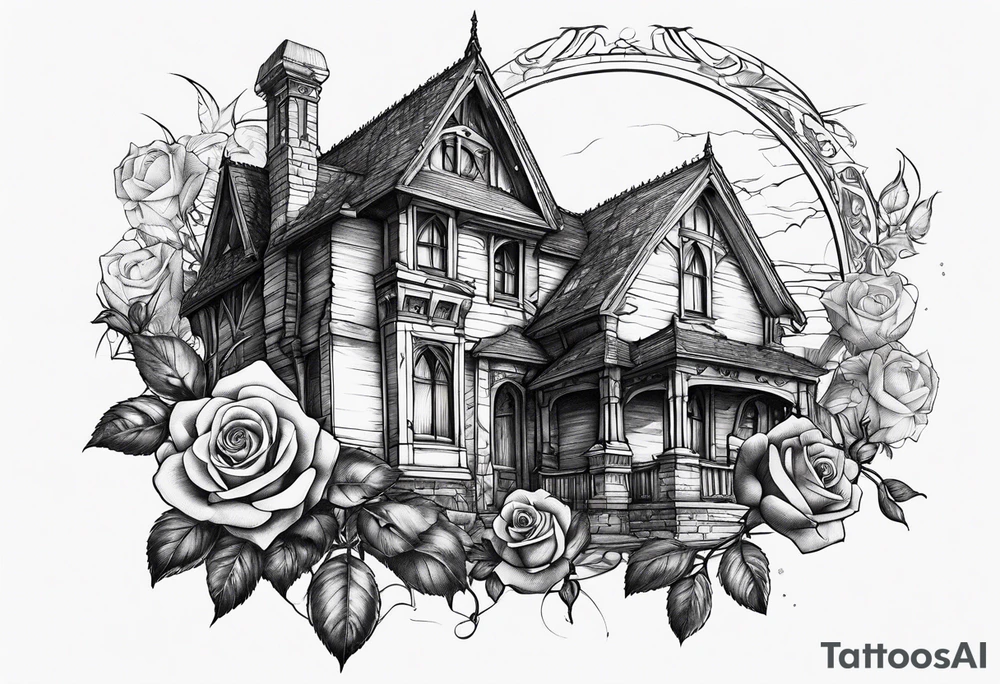 old broken gothic home, broken sword, roses tattoo idea