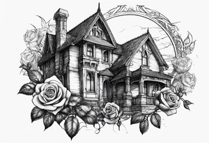 old broken gothic home, broken sword, roses tattoo idea