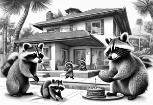 Raccoon Family in Front of her New villa with Pool.
The Husband hast Tools in His Hands.
The wife holds a cake.
The Childs plays with a ball tattoo idea