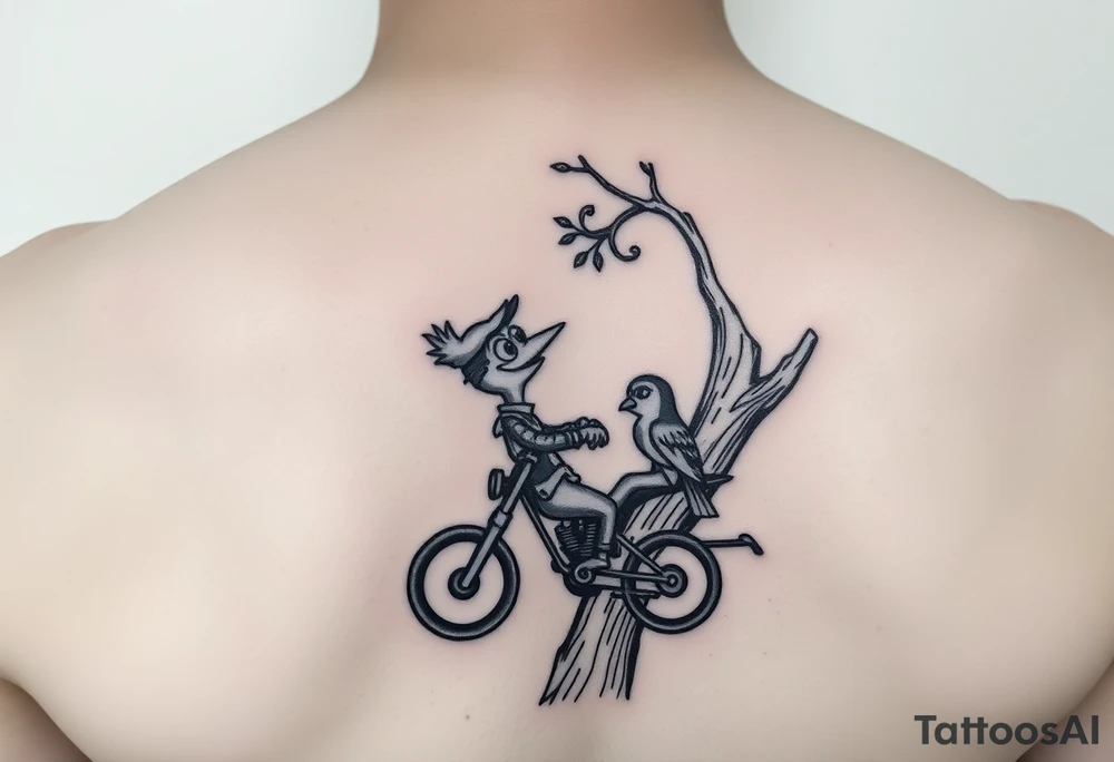 Owl in a tree and the cartoon character woody the woodpecker lovingly looking up at the owl as he rides a harley davidson under the tree tattoo idea