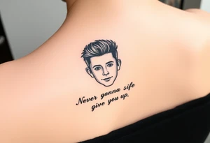 Young Rick Astley Face with Never Gonna Give You Up text tattoo idea