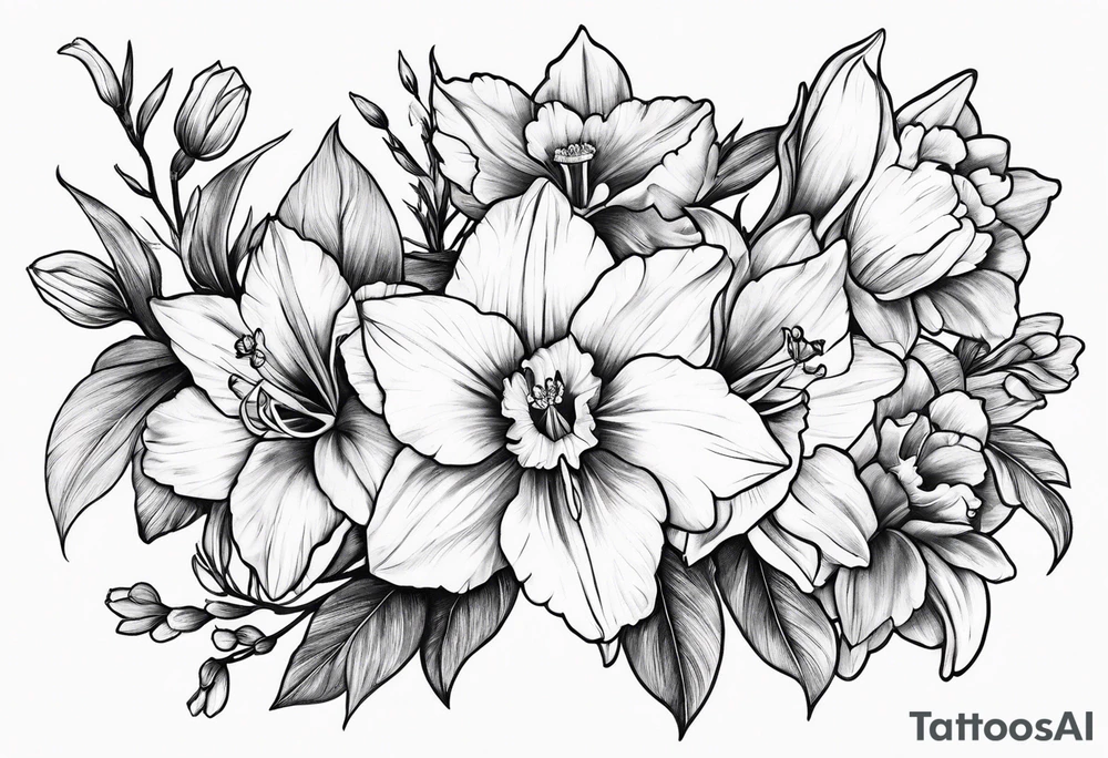 Larkspur and narcissus bouquet tattoo idea