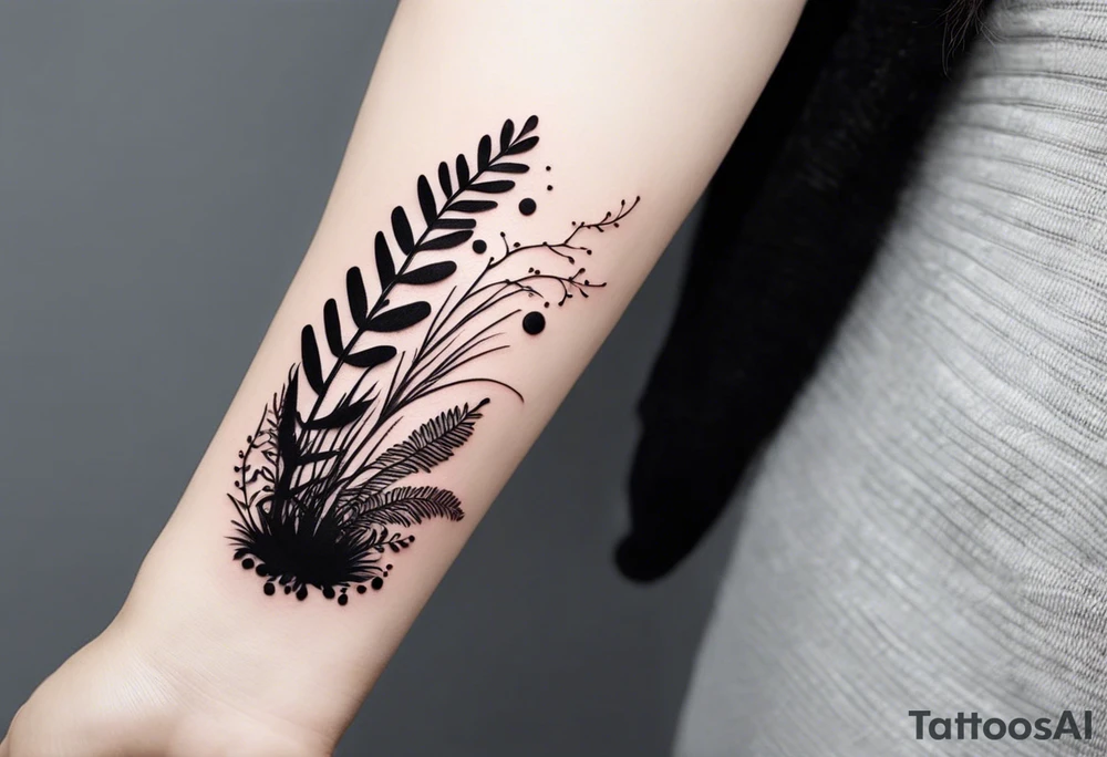 forest floor inspired minimalist tattoo, which includes grass, curly ferns, moss and dead leaves as the bulk of the tattoo. details to include: forest berries, a tiny bumblebee flying nearby, three small brown mushrooms
Generate a vertically long one tattoo idea