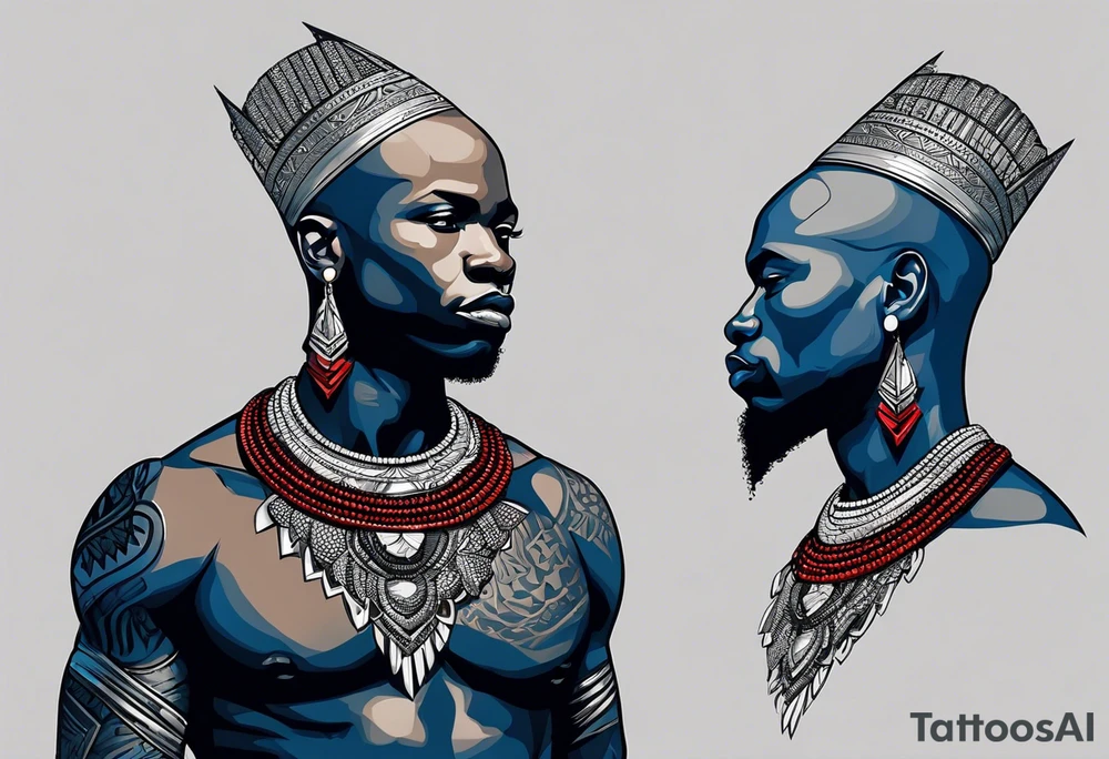 Black-skinned bald african warrior. He wears a simple and small silver crown. He uses blue and red necklaces tattoo idea