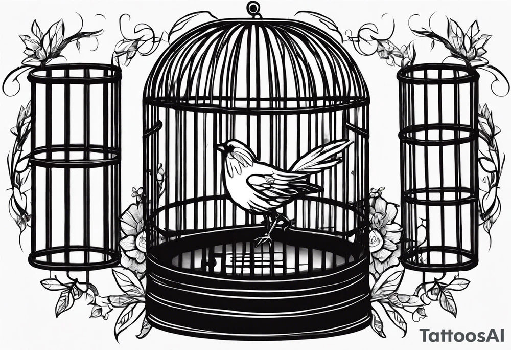 big bird in a long but too small cage as in the song ''big bird in a small cage'' from patrick watson. the wings of the bird passing threw the bars of the cage.
 Add decoration outside the cage like flowers or foliage tattoo idea