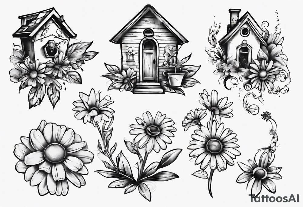 Daisy and house and key tattoo idea