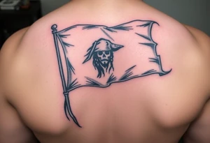 A tattered pirate flag with Jack Sparrow’s silhouette, flowing dramatically in the wind, done in black and gray ink with faint red highlights tattoo idea