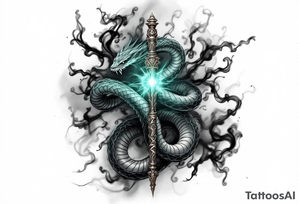 A serpent entwined around a wand, with the snake’s fangs piercing the wand's handle. The wand is glowing faintly with a dark green energy, surrounded by swirling black smoke. Dark green for the magical energy, black for the smoke, and muted gold and silver for the wand details. tattoo idea