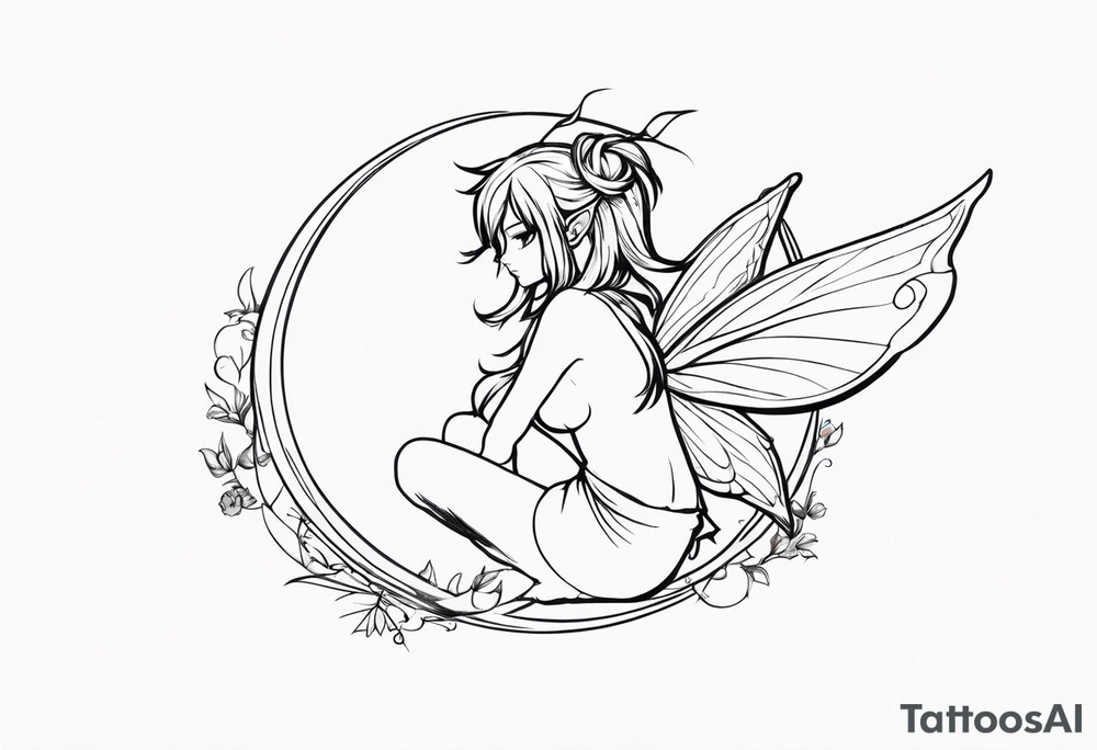 No background and no color sketch of a fairy with a tail inspired by the guild symbol in the anime show called Fairy Tail in a fetal position leaning in and forward while crawled in tattoo idea