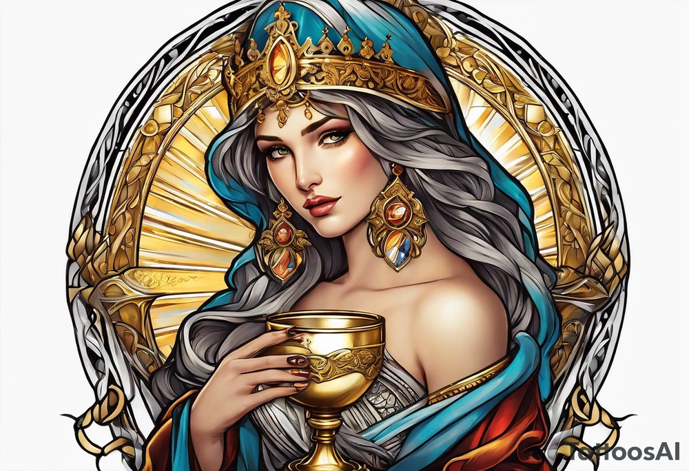 woman saint holding chalice surrounded by golden halo sideways tattoo idea