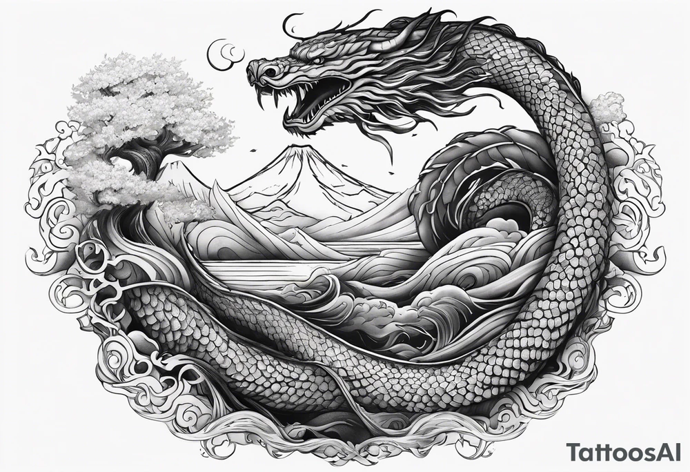 Jormungandr wrapped around Yggdrasil with water enveloping tattoo idea