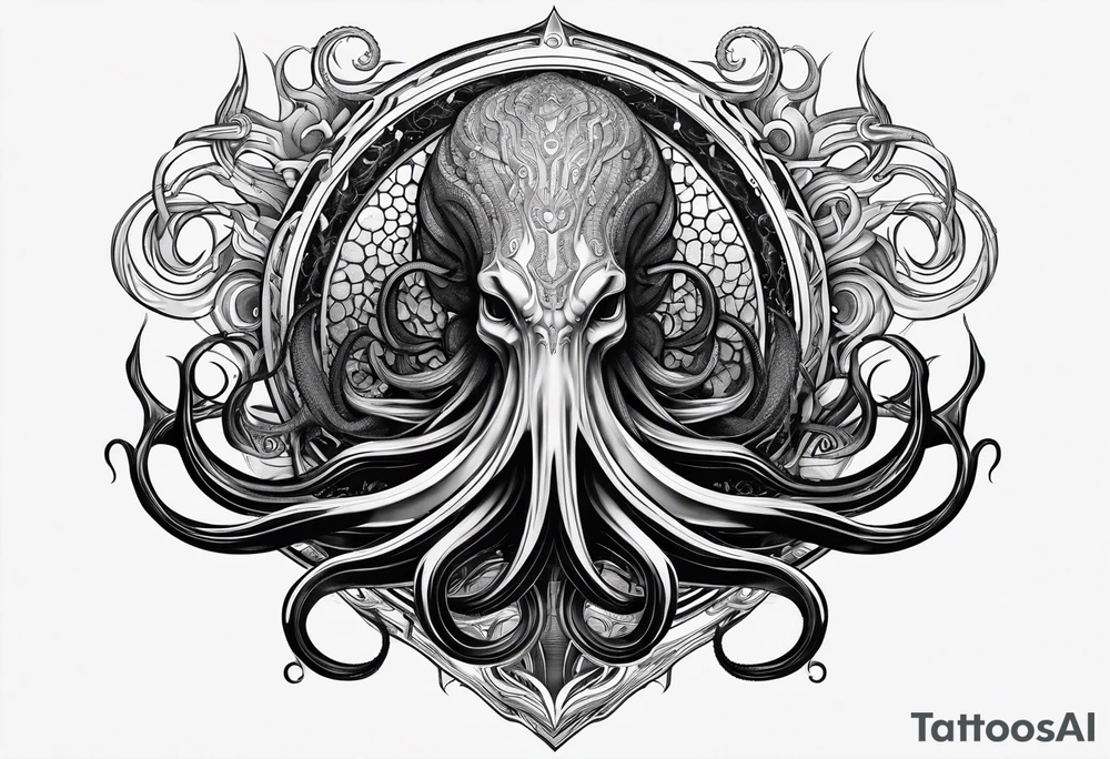 Lovecraftian creature, flowing into more futuristic technology elements. Long tentacles. tattoo idea