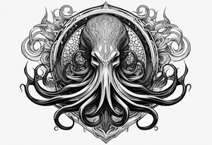 Lovecraftian creature, flowing into more futuristic technology elements. Long tentacles. tattoo idea