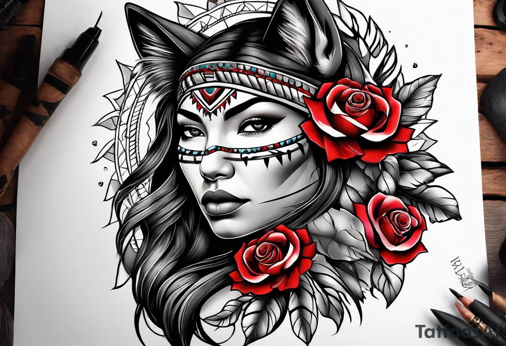 Native American woman wrapped in roses with a wolf tattoo idea