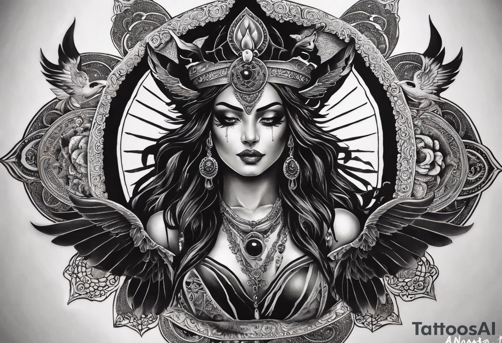black kali, goddess pirate, alien, angel, pachamama, valkrye, warrior, flying, skull, lotus azul, wing, eagle, zenza resonance, stars, 5D, anahata chakra, death, durga, riding on a tiger, flying lady, kundalini, chest tatoo, rebel tattoo idea