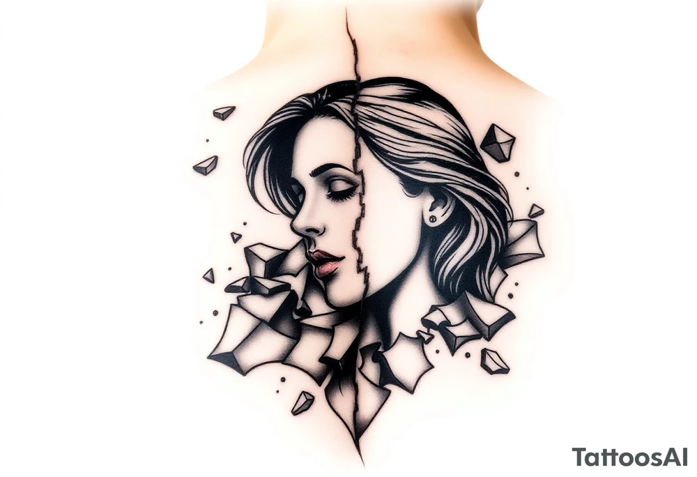 Can you design me a tattoo that represents a woman whose life has been shattered by broken trust, infidelitty, and alcoholism. But everyday she’s working at putting the pieces back together and is held together by her son, and hope for the future tattoo idea