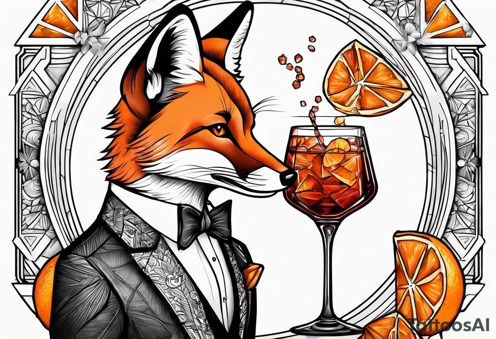 male fox with one Negroni in short lowball cocktail glass with ice and orange peel tattoo idea