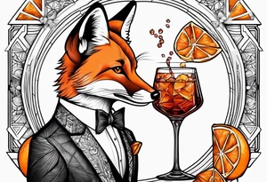 male fox with one Negroni in short lowball cocktail glass with ice and orange peel tattoo idea