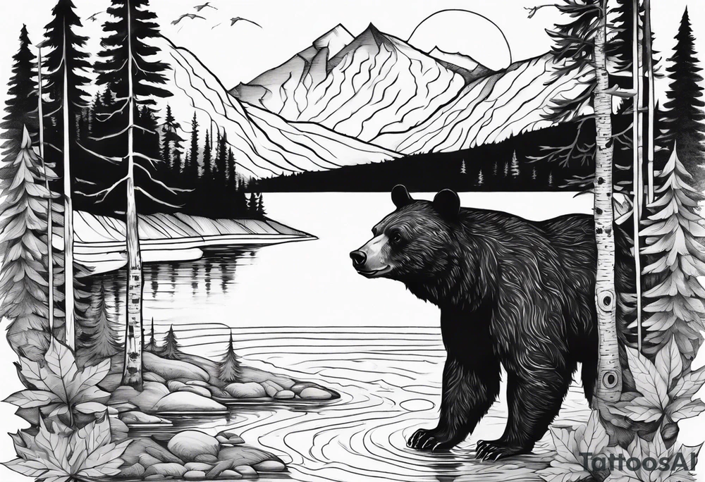 black bear over a forest with a lake below, full sleeve tattoo idea
