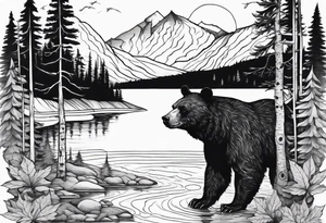 black bear over a forest with a lake below, full sleeve tattoo idea