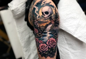 jack skellington fishing at river,smoking, roses, cloudy sky, pine trees tattoo idea