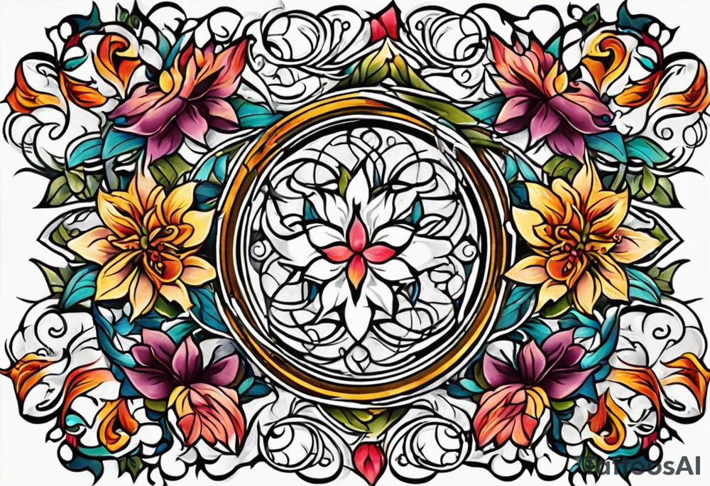 Bold geometric tapestry trident vines floral in colour on arm tattoo idea