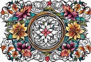 Bold geometric tapestry trident vines floral in colour on arm tattoo idea
