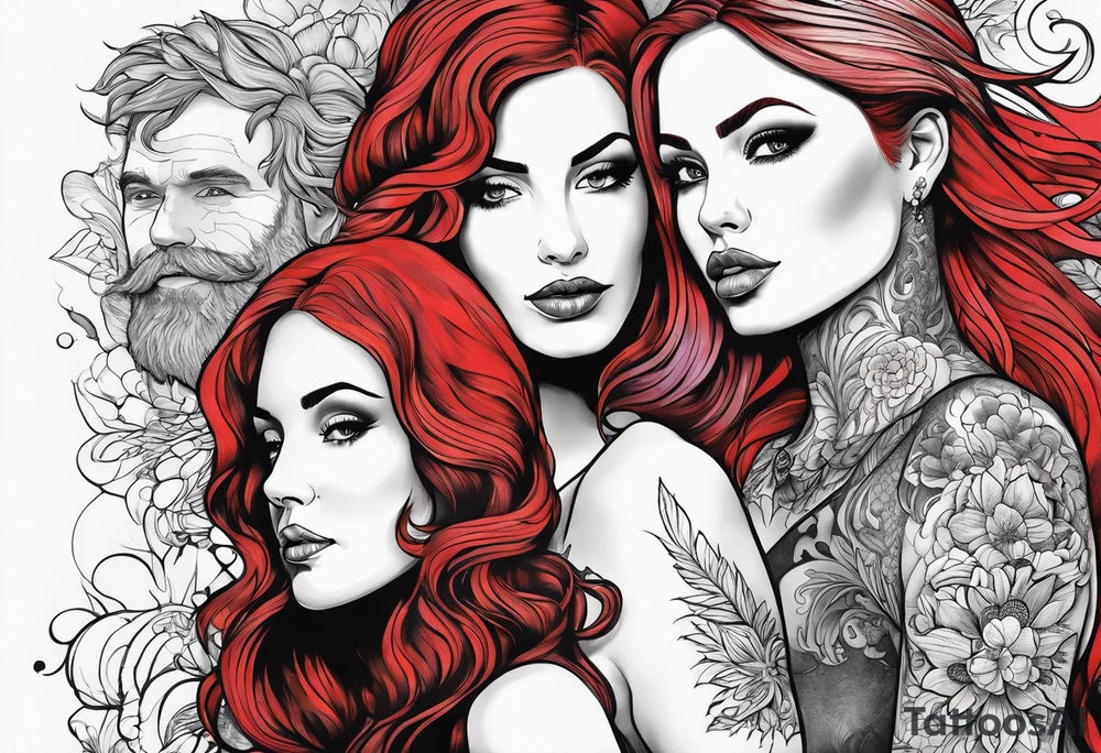 Busty red haired woman with a bearded man who has black hair tattoo idea