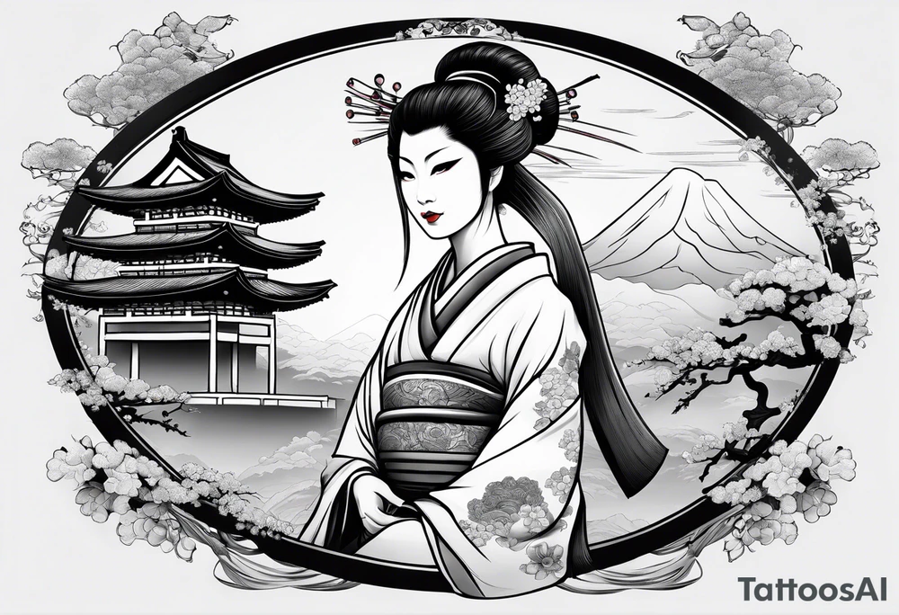 Geisha,samurai,buddah,pagoda,torri gate tattoo idea