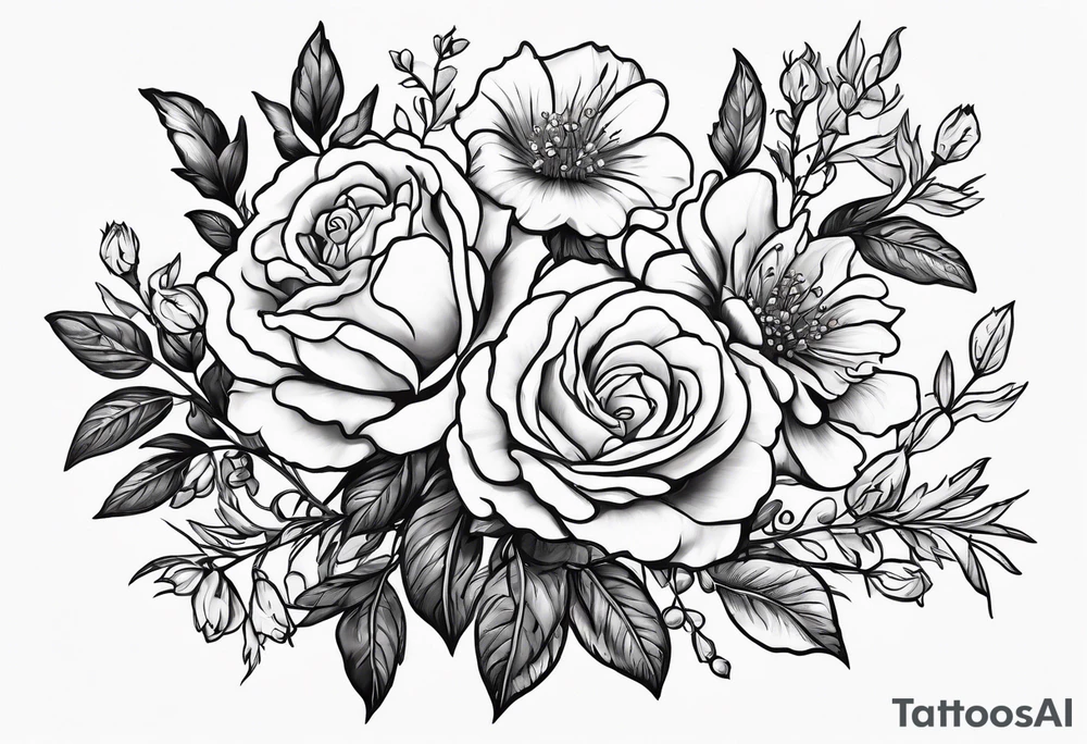 roses, carnations, daisies, larkspur, olive stem tattoo idea